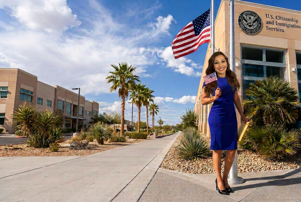 Karla Rivera frente a una oficina de inmigración, con una bandera estadounidense
